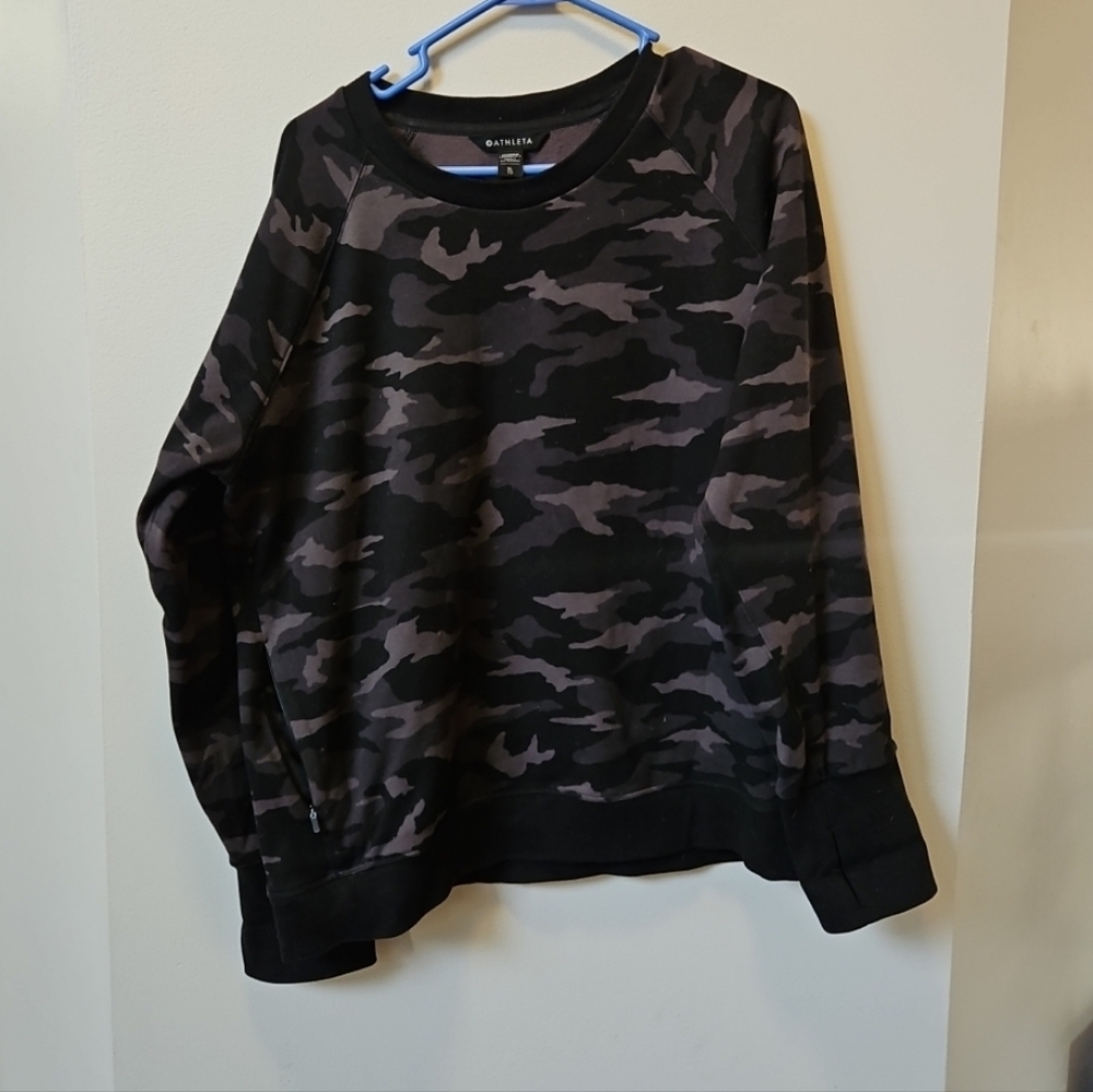Athleta Sundown Sweatshirt Camo Black Gray Crew Neck Long Sleeve Pullover Top XL
